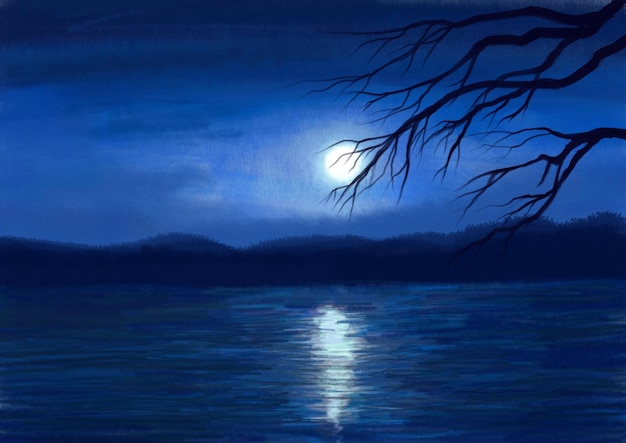 A painting of a moonlit lake with a tree branch hanging over the water.