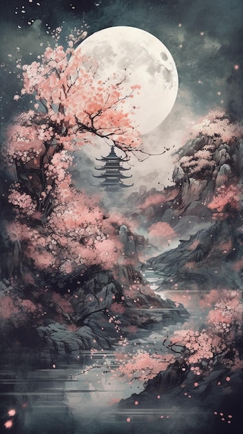 A painting of a moonlit landscape with a pink cherry blossom tree in the foreground.