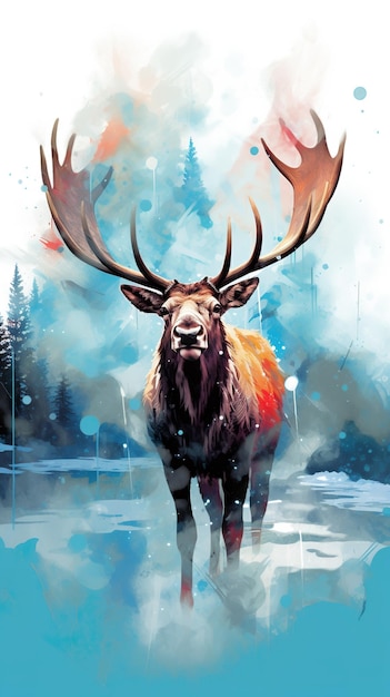 A painting of a moose standing in the snow Generative AI image