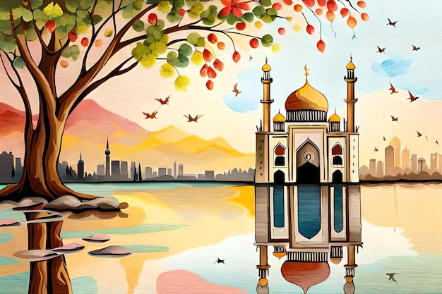 A painting of a mosque and a city with mountains in the background.