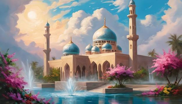 Photo a painting of a mosque in front of a floral fountain on a lake