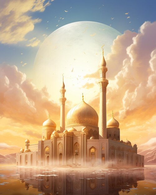 Painting of a mosque in the middle of a desert with a full moon in the background generative ai