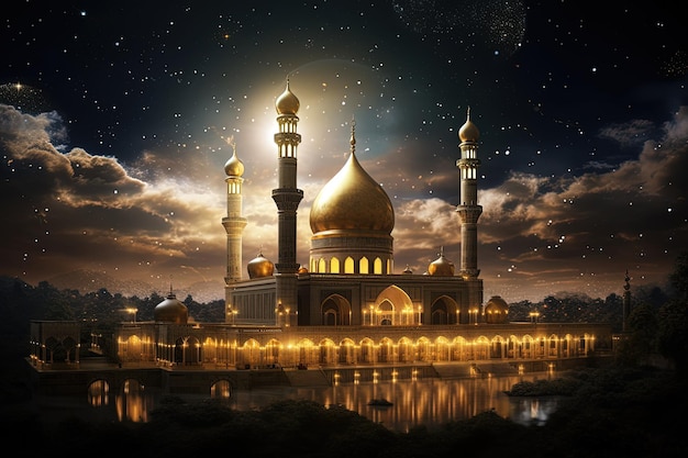 A painting of a mosque in the middle of the night