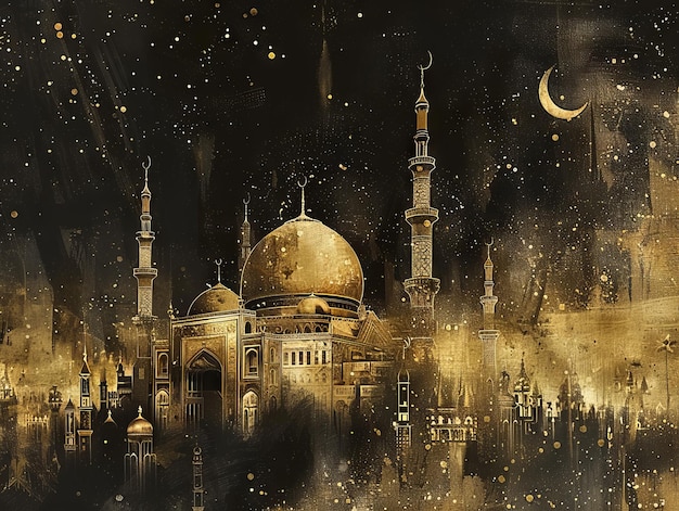 A painting of a mosque at night