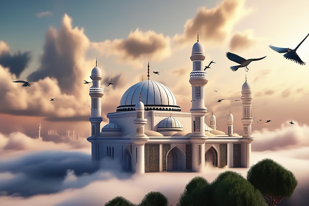 Foto un dipinto di una moschea con uccelli che volano sopra di essa