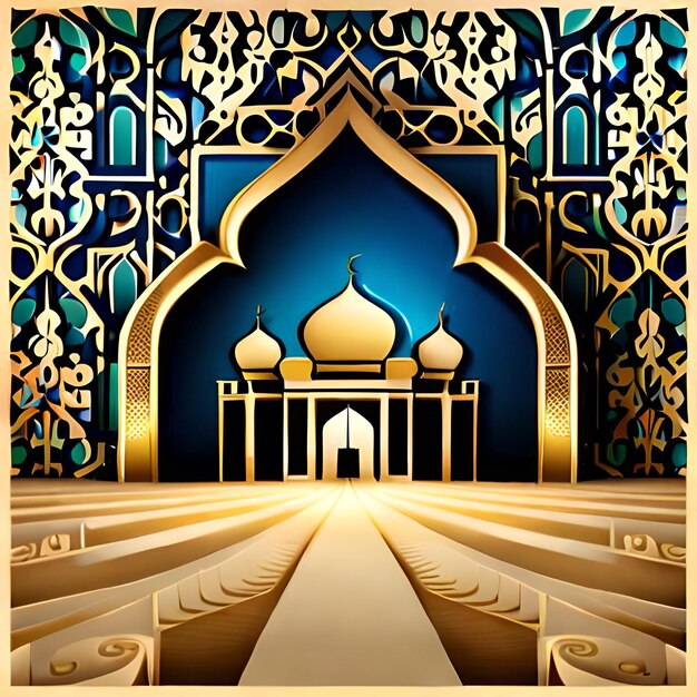 파란색 배경과 파란색 배경을 가진 모스크의 그림.