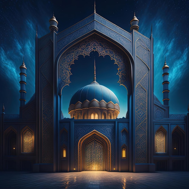 A painting of a mosque with a blue dome and a dome