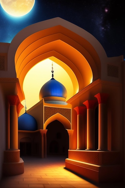 A painting of a mosque with a blue dome and a dome.