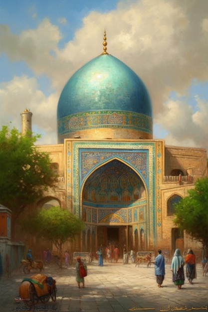 A painting of a mosque with a blue dome on it.