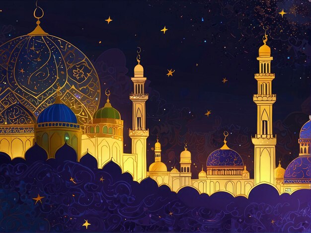 картина мечети с голубым куполом и большим куполом с золотой звездой на нем
