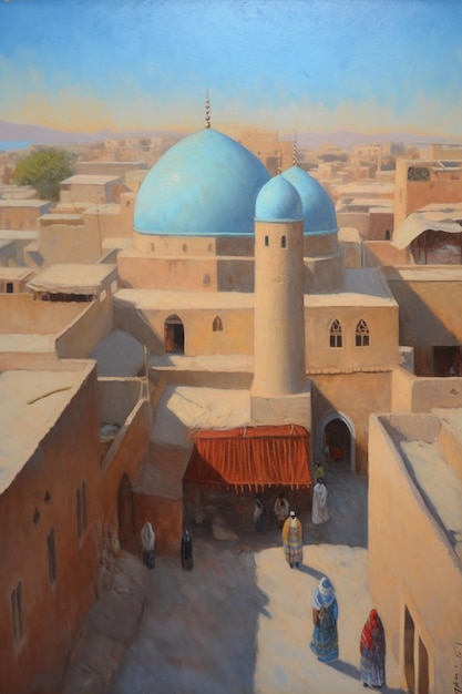 A painting of a mosque with a blue dome