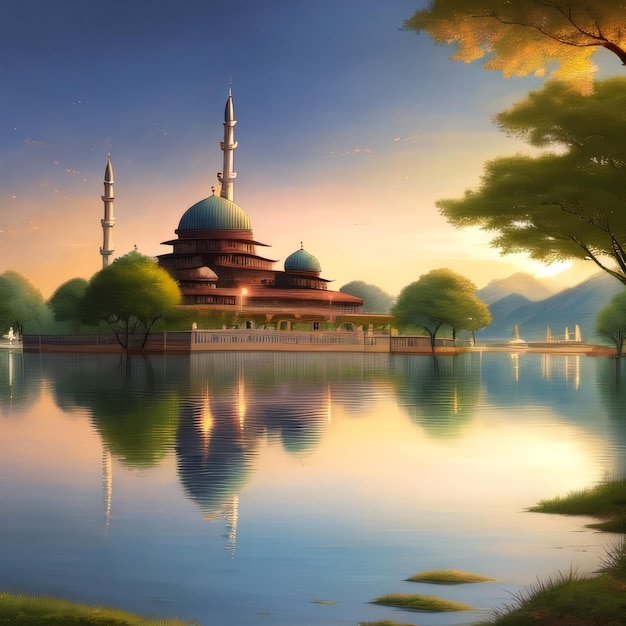 A painting of a mosque with a blue sky and trees in the background.