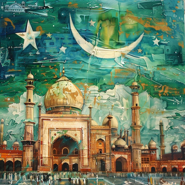 Photo a painting of a mosque with a boat on the top