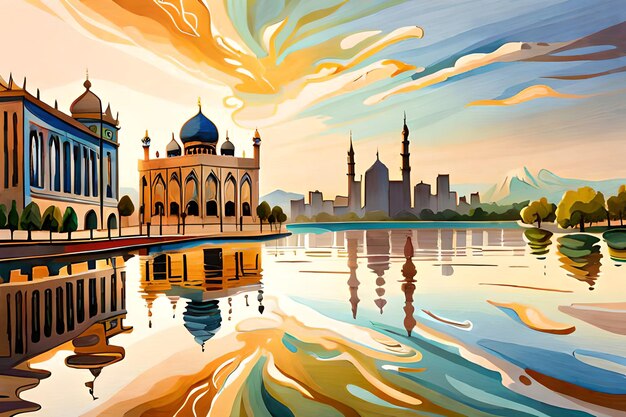 A painting of a mosque with a city in the background.