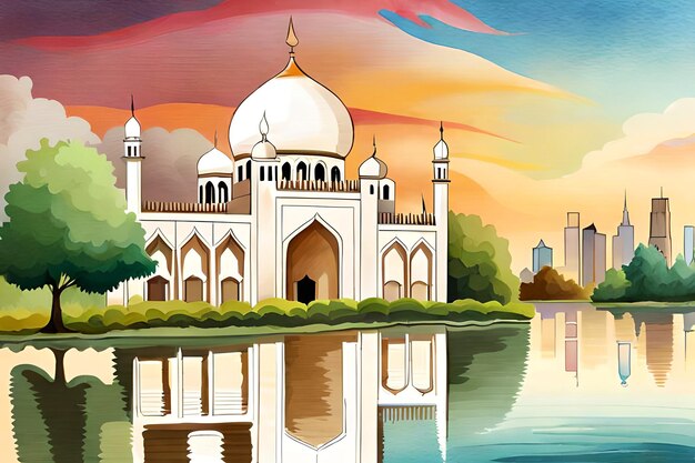 A painting of a mosque with a city in the background