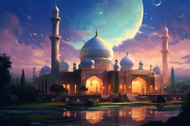 A painting of a mosque with a crescent moon in the background generative AI