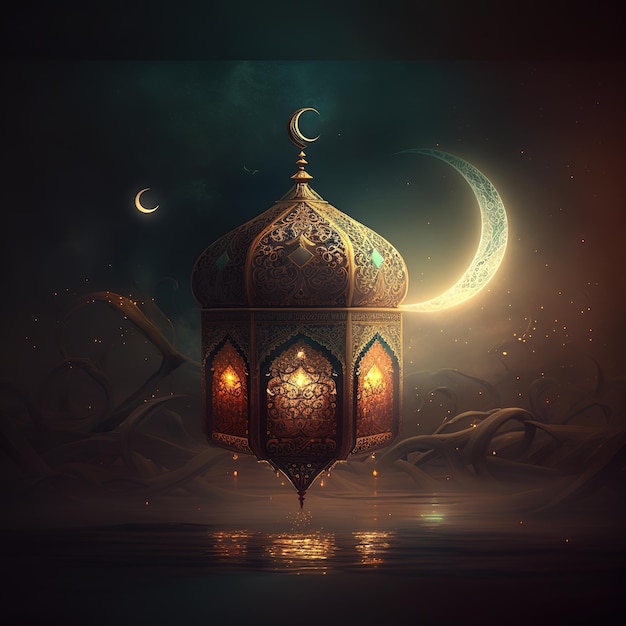 A painting of a mosque with a crescent moon in the background.