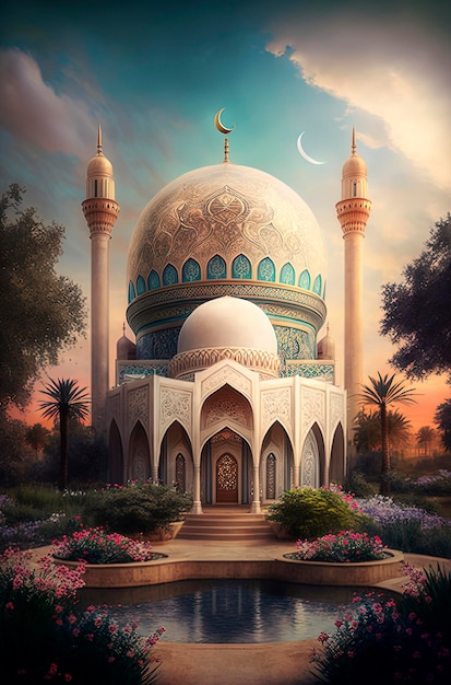 A painting of a mosque with a crescent moon and a crescent moon.