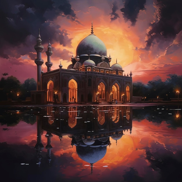 A painting of a mosque with cresent moon Geneartive ai