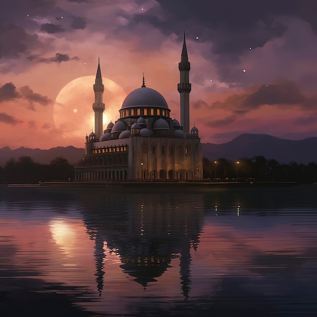 A painting of a mosque with cresent moon Geneartive ai