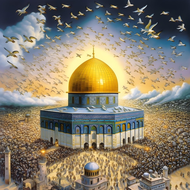 A painting of a mosque with a flock of birds flying around it masjid alaqsa palestine