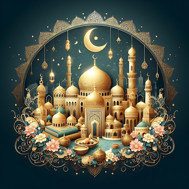 a painting of a mosque with a golden dome and a blue background