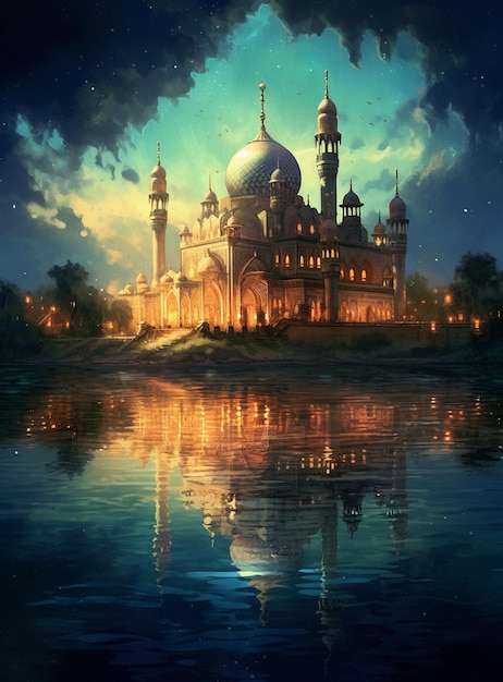 A painting of a mosque with the lights on it