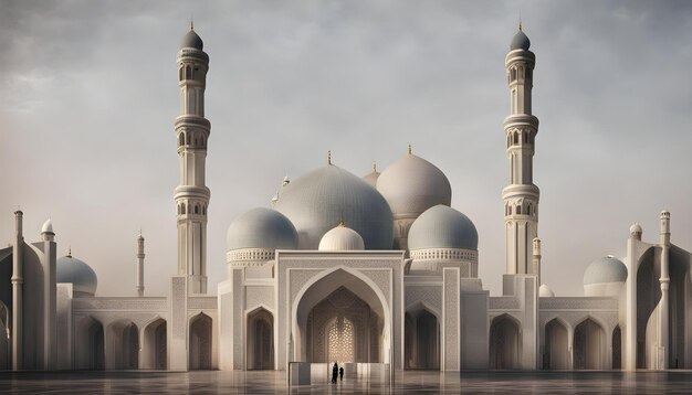 a painting of a mosque with a man walking in front of it