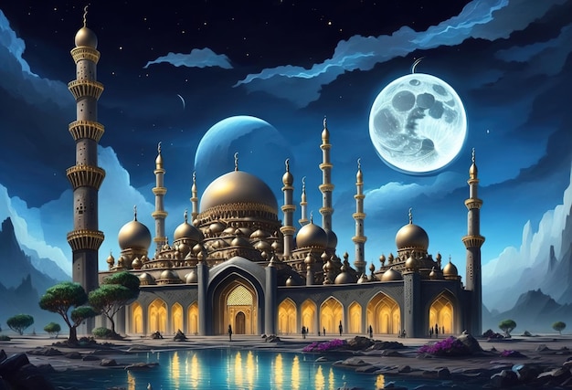 A painting of a mosque with a moon in the background ai_generated