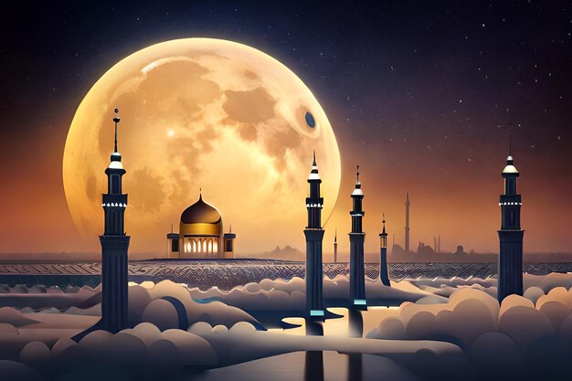 A painting of a mosque with the moon in the background