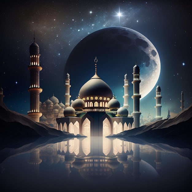 月を背景にしたモスクの絵。