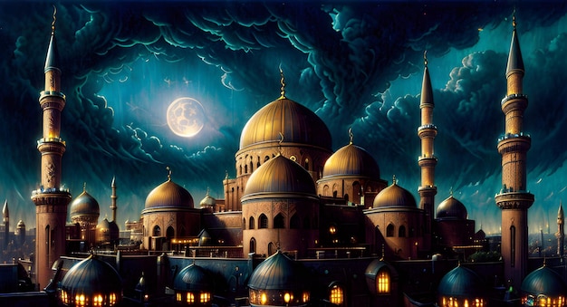 Un dipinto di una moschea con la luna sullo sfondo