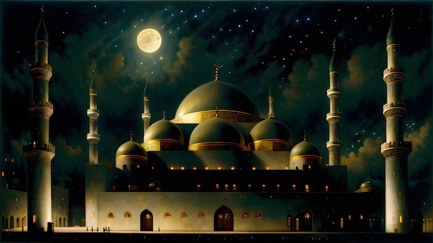 A painting of a mosque with the moon in the background.