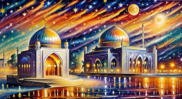 Картина мечети на фоне луны.