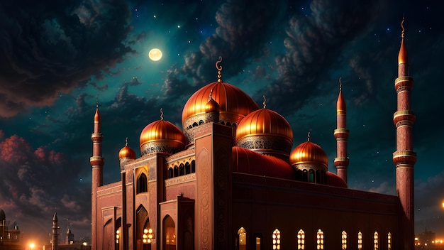 A painting of a mosque with the moon in the background