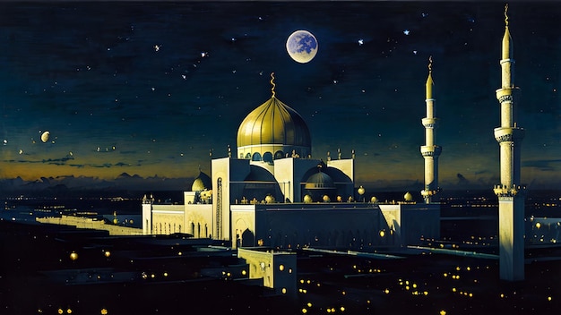 A painting of a mosque with the moon in the background.