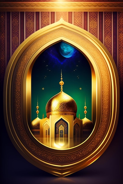 Foto un dipinto di una moschea con una luna sullo sfondo.