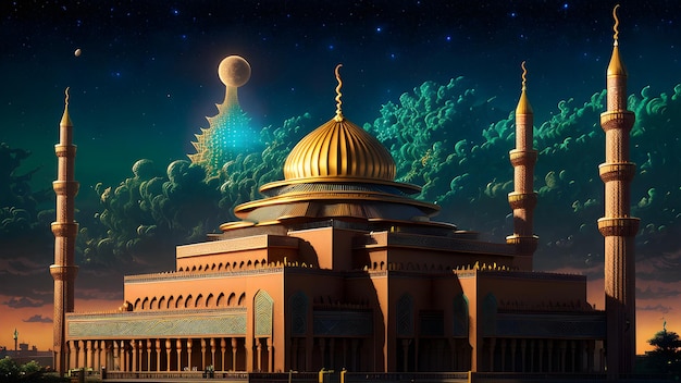 A painting of a mosque with a moon and stars in the background.