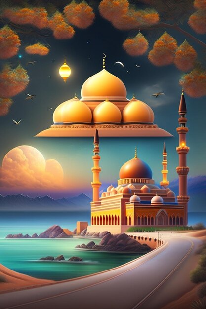 A painting of a mosque with a moon