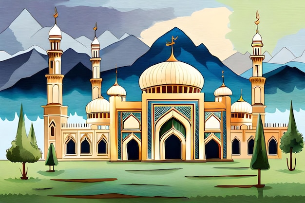 山を背景にしたモスクの絵。