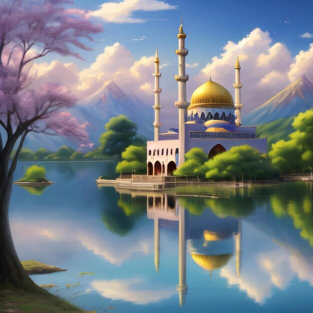 A painting of a mosque with mountains in the background