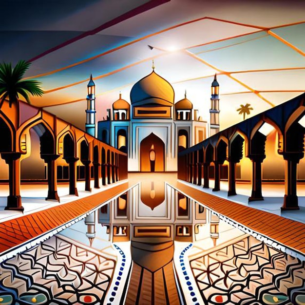 A painting of a mosque with a palm tree in the middle.