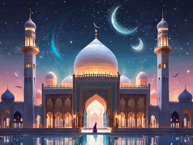 a painting of a mosque with a person in front of it