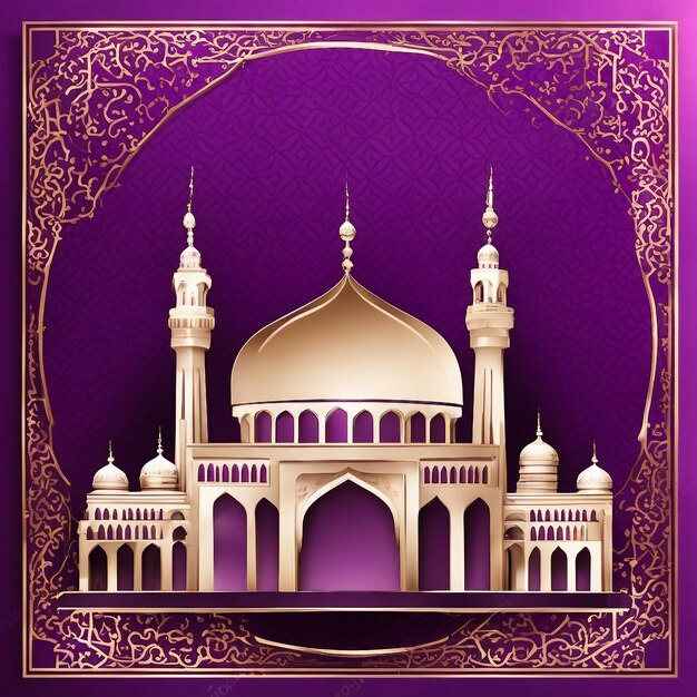 a painting of a mosque with a purple background and a purple background with a gold pattern