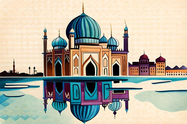 Photo a painting of a mosque with the reflection of a city in the water.