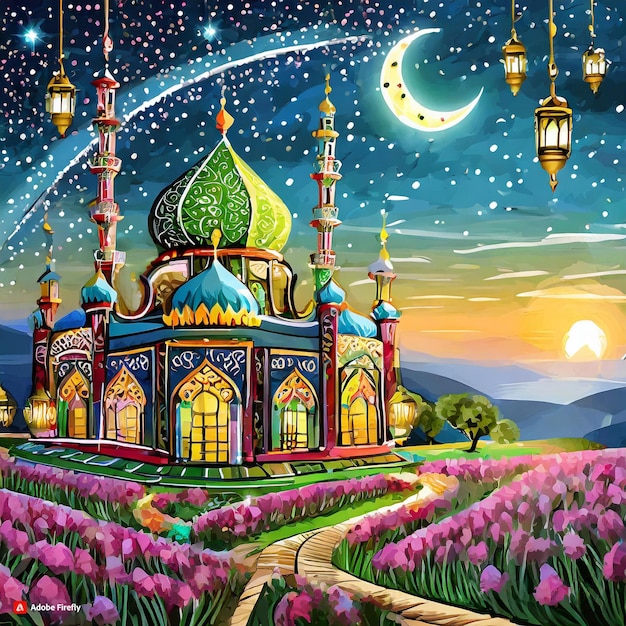 a painting of a mosque with a starry sky and a moon