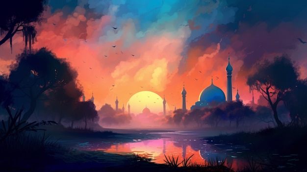 A painting of a mosque with the sun setting behind it.