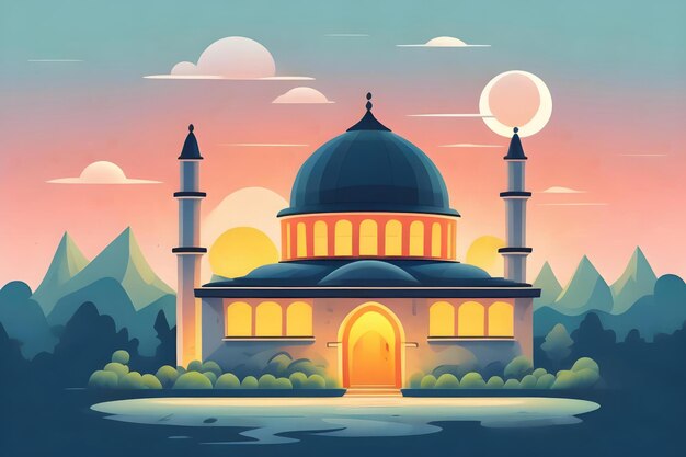 a painting of a mosque with a sunset in the background