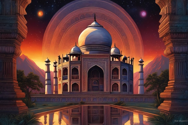 Photo a painting of a mosque with a sunset behind it.