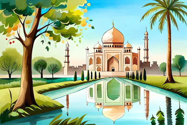 A painting of a mosque with trees and a lake in the foreground.